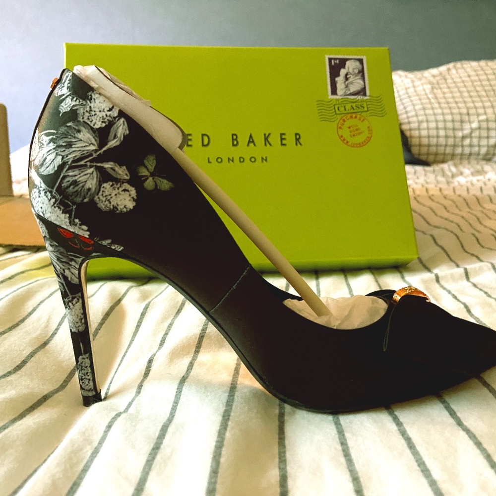 Black Velvet Heels w/bow & floral trim